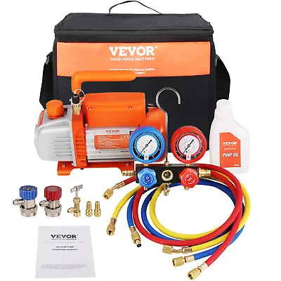 VEVOR 4CFM 1/4 HP HVAC Vacuum Pump + Manifold Gauge Set With Hose R32 R1234yf • $106.99