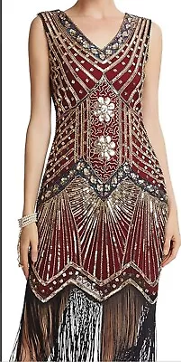 Women Dress SZ Small Wine Red V Neck Beaded Fringed 1920 Great Gatsby Party NWT • $14.99