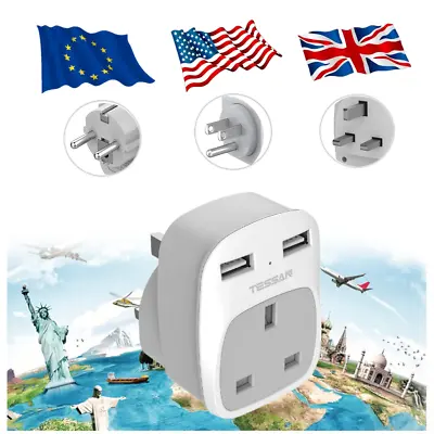 Tessan 3-IN-1 UK To USA/EU Travel Plug Adapter With 2 USB Ports For Canada Euro • £13.98