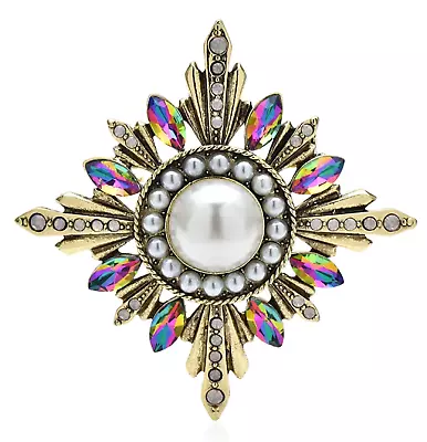 Fabulous Pearl And Aurora Borealis Maltese Cross Brooch! • $9.98