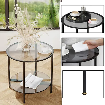 High-end Round Side Table 2 Tier Glass Coffee Table Nightstand For Home Offices • $87.97