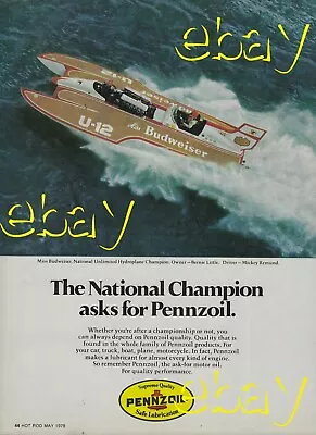 1978 Miss Budweiser U-12 Unlimited Hydroplane Race Boat Pennzoil Magazine Ad 78 • $4