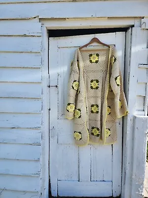 $150 • Buy Crochet Cardigan Duster Sweater Boho Cottagecore OOAK Flowers Vintage Granny XL
