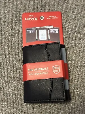 Levi's Leather Trifold Wallet RFID 6 Card Slots Interior Zipper Black Men's New • $23.74