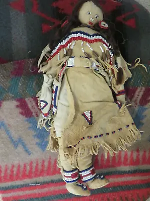 $490 • Buy Vintage Native American Sioux Indian Lakota Buckskin Beaded Doll W/ Human Hair
