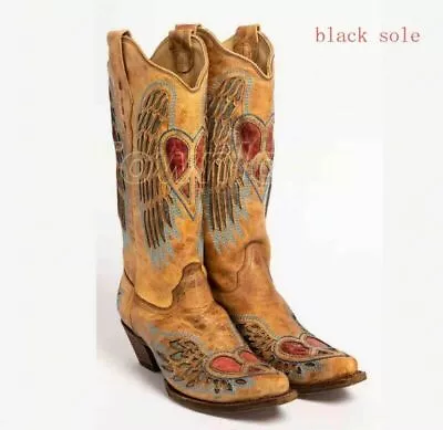 Women's Mid Calf Cowboy Pointy Toe Boots Chunky Heels Biker Embroidery Booties • $58.84