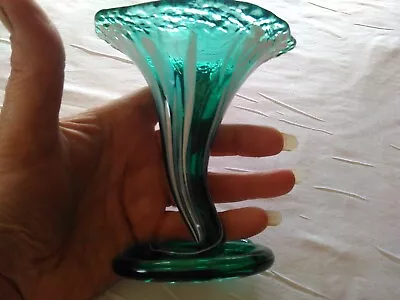 Vintage Murano?  Art Glass Vase Green & White Swirled Glass Trumpet Vase 5  Tall • $24.99