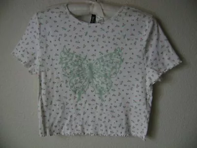 New H&m Divided Junior's Cropped Top L Large Butterfly White Knit Crop Blouse • $7.99