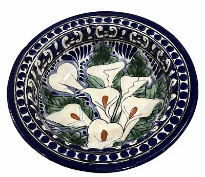 Cobalt Blue Calla Lily  Bowl Talavera Pottery Mexican Majolica Folk Art Signed • $29