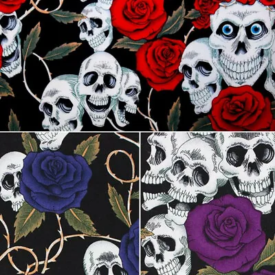 100% Cotton Fabric Large Skulls And Roses Thorns Halloween Floral 145cm Wide • £1.50
