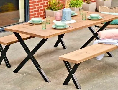 X Frame Garden Furniture Set 9 Seat Dining Table And Benches Outdoor Industrial • £340