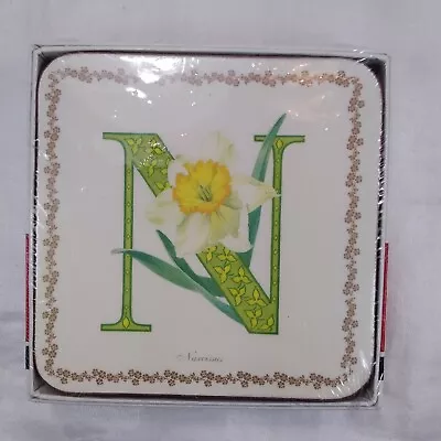 PIMPERNEL Set Of 6 COASTERS  N  Alphabet Florals Narcissus Monogram Cork NIB • $20