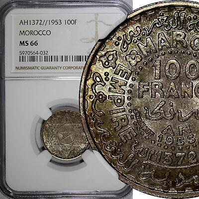 Morocco Mohammed V Silver AH1372//1953 100 Francs NGC MS66 Toned Y# 52 (032) • $85