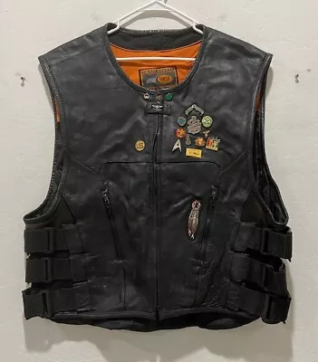 Men's First Classics Full Zip Leather Motorcycle Vest Size XL Black Various Pins • $64.75