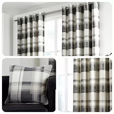 100% Cotton Country Balmoral Check Slate Grey Lined Eyelet Curtains OR Cushions • £36.99