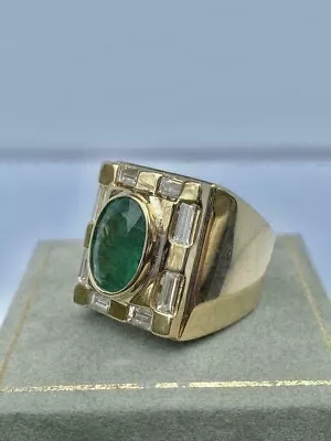 Vintage Men's 5.00ct Green Emerald & Sim Diamond Ring In 18K Yellow Gold Finish • $87.91