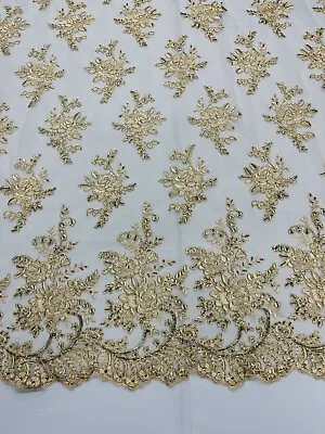 Champagne Lace Fabric Corded Flower Embroider With Sequins On Mesh By Yard • $24.36