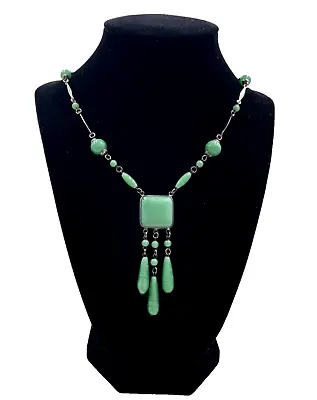 Antique Art Deco Collier Necklace Czech Green Jade Peking Glass Tassel Perfect! • $180