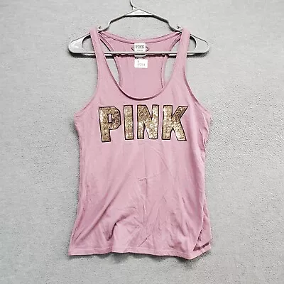 Pink Victorias Secret Women Top Small Pink Sleeveless Tank Logo Bling Sequins • $16.89