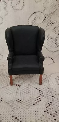 Dollhouse Miniature Faux Leather & Wood Black Wingback Wing Back Chair • $24.99