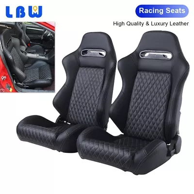 2x Sport Bucket Seats Racing Seats Black PU Leather + White String Recline Seats • $398.44