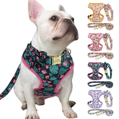 Floral Dog Harness+Personalised Name ID Collar+Walking Lead Mesh Vest Adjustable • $34.09