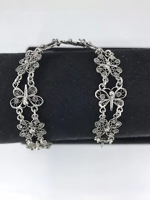 Sterling Silver Vintage Butterfly Floral Filigree Bracelet Box Clasp 6.5” • $48