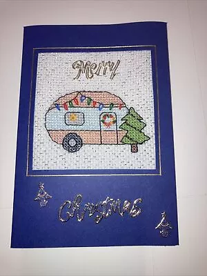 Christmas Card - Caravan And Christmas Tree- Made From Cross Stitch. • £3.65