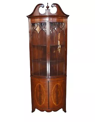 Arthur Brett George III Style Crotch Mahogany Curved Corner China Curio Cabinet • $2975