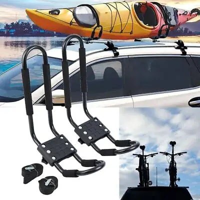 2Pcs Adjustable Universal Hard Kayak Canoe Carrier Car Roof Rack J-Bar W/ Strap • £19.99