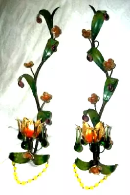 Italian Tole Candle Sconces Murano Glass Fruit Teardrops Prisms Macaroni Beads • $349.99