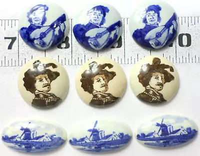 Vintage 9 Round &Oval Vintage Glass Blue Holland Delft Windmill Man Cabochons • $18