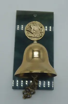Vintage Brass Door Wall Bell American Indian Theme W/ Green Plastic Panel 7.5  H • $39.99