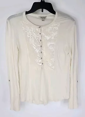 Lucky Brand Top Womens Small Ivory Velvet Accent Button Long Sleeve Pullover Top • $14.38