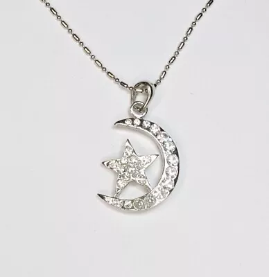 Star And Moon Long Necklace Silver Rhinestone Tone Lobster Chain Necklace 30  • $12.95