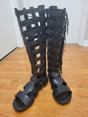 MIA Donata Black Knee High Gladiator Fringe Flats Sandals Size 7.5 • $55