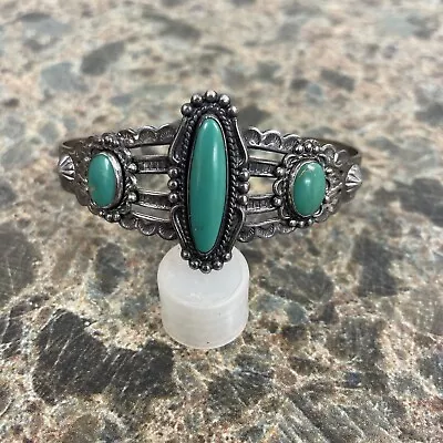 Vintage Sterling Silver Green Turquoise Cuff Bracelet  FREE SHIPPING • $92.88