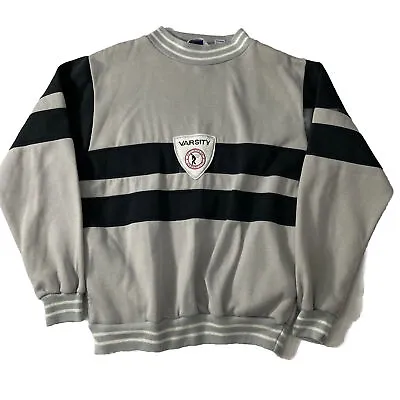 Vintage 80s College Varsity Striped Sweater Sz L Crewneck W/ Pockets Black Grey • $49.95