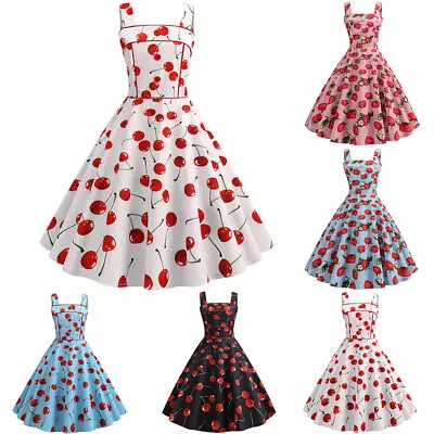Women Vintage 1950s Sleeveless Strappy Printing Evening Party Prom Swing Dress • $29.90