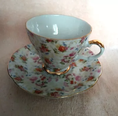 Vintage Lefton  Cup & Saucer #2119 Rose Chintz Gold Trim • $15.99