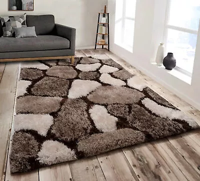 Luxury Pebbles Chocolate 3D Carved Shaggy Fluffy Non-Slip Floor Rug • £17.95