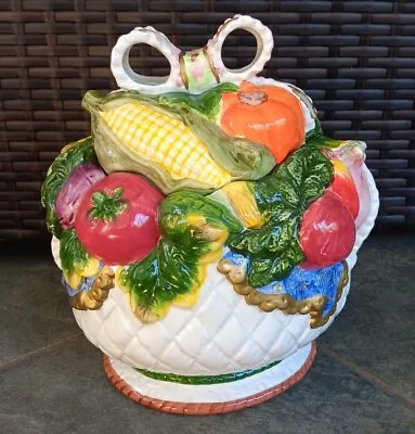  Ceramic Cookie Jar Vegetable Fruit Basket With Bow Hand Painted 8 5/8  • $20