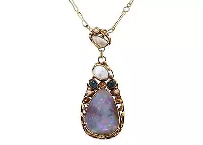 Art Nouveau Boulder Opal Pearl & Sapphire Necklace • $9600