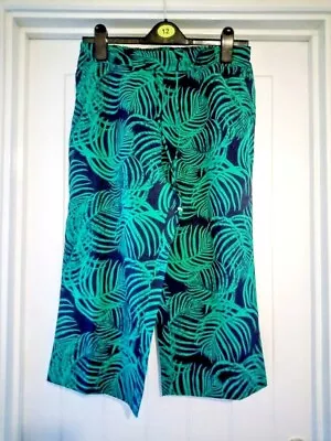 Anthology Navy Green Leaf Print Cropped Trousers Size 14 BNWT • £6.95