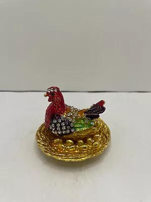 Mini Mother Hen Hatching Eggs Hand Painted Bejeweled Hinged Trinket Jewelry Box • $12