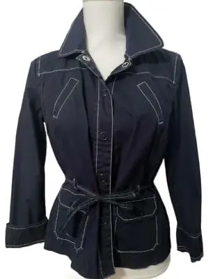 Ann Taylor Loft Women's Jacket 8 Mod Retro Lightweight Blue Button Tie Pockets  • $14.99