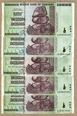 Zimbabwe 50 Trillion Dollars X 5 Pcs AA 2008 P90 VF Currency Bills • $677.71