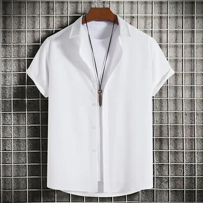 Men Linen Style Short Sleeve Shirts Beach Casual Button Down Formal Dress Shirt • $12.97