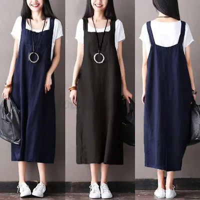 Womens Sleeveless Casual Loose Straps Dress Pinafore Dungarees Dresses Plus Size • £11.04