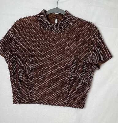 80's VTG VIE By Victoria Royal Brown Pearl Beaded Crop Top Size 12 • $220.99